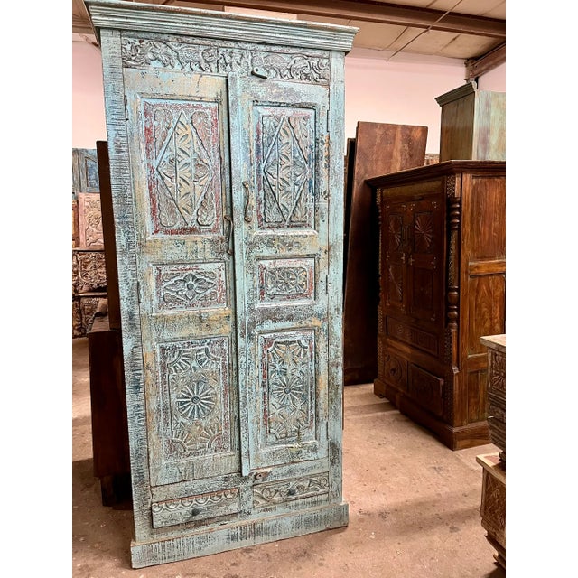 Vintage Armoire Tall Artistic Carved Farmhouse Blue Patina Cabinet For Sale In Orlando - Image 6 of 8