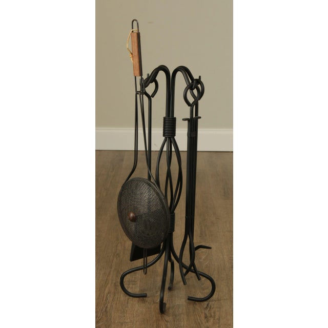 High Quality Heavy Iron Set of Fireplace Tools on Stand Consisting of a Poker, Tongs, Shovel and Warmer