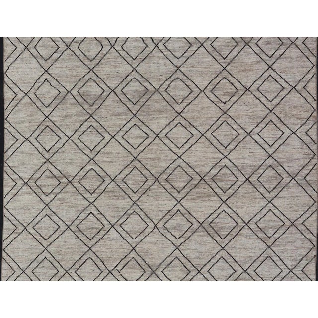 Tribal Large Modern Moroccan Rug With Tribal Diamond Design in Cream and Charcoal For Sale - Image 3 of 9