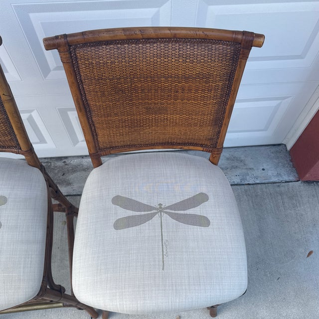 2000 - 2009 Pair of Tommy Bahama Vintage Bamboo-Style Bar Stools With Dragonfly Cushions – Tropical Rattan Back For Sale - Image 5 of 8