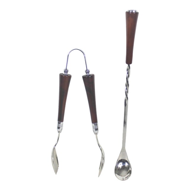 Vintage Bar Tool Set by Glo-Hill Chrome and Bakelite Cocktail Stir Stick and Ice Tongs- 2 Pieces For Sale