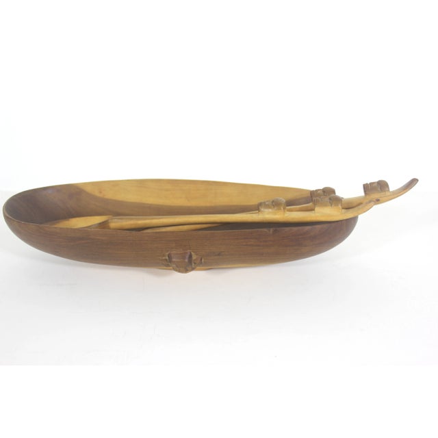 African Handmade Wood Bowl With Fork & Spoon With Faces Wood Salad Bowl- 3 Pieces For Sale - Image 3 of 12