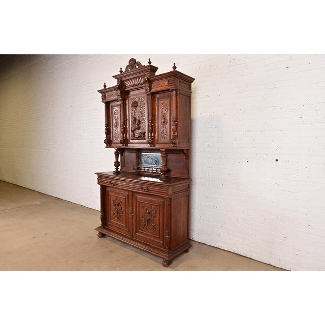 Renaissance Antique French Renaissance Monumental Ornate Carved Oak Sideboard or Bar Cabinet, Circa 1890s For Sale - Image 3 of 13