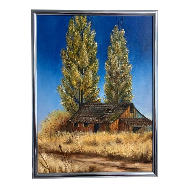 Vintage Rustic Barn Landscape – Unattributed Oil on Canvas, Framed For Sale