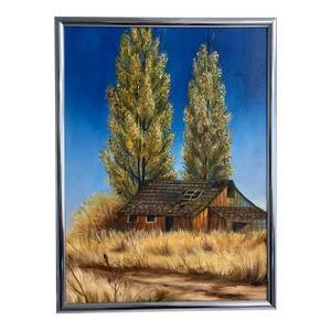 Vintage Rustic Barn Landscape – Unattributed Oil on Canvas, Framed