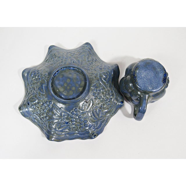 Ceramic Vintage Blue Glazed Ceramic Creamer and Leaf Dish Set For Sale - Image 7 of 11