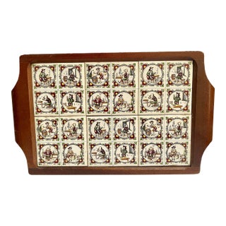 Vintage Mid Century Wood Hand Painted Dutch Man Tiles Tray For Sale