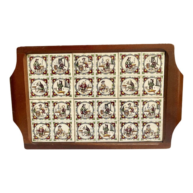 Vintage Mid Century Wood Hand Painted Dutch Man Tiles Tray For Sale