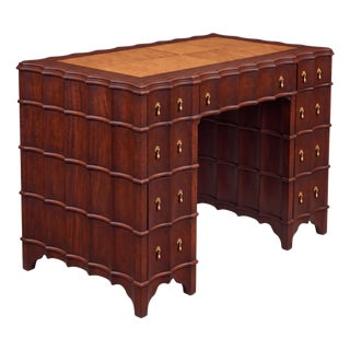 Hollywood Regency Scalloped Mahogany Faux Tortoise Kneehole Desk / Vanity For Sale