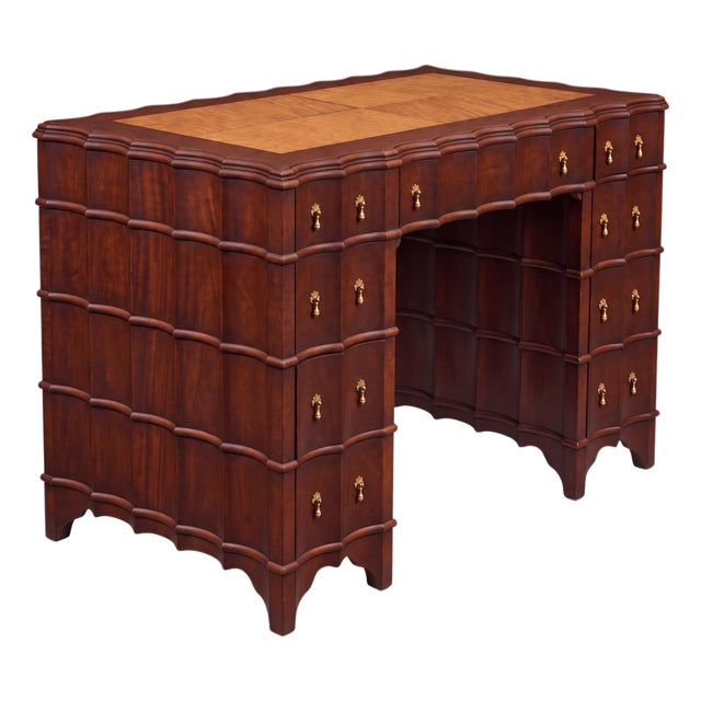 Hollywood Regency Scalloped Mahogany Faux Tortoise Kneehole Desk / Vanity For Sale