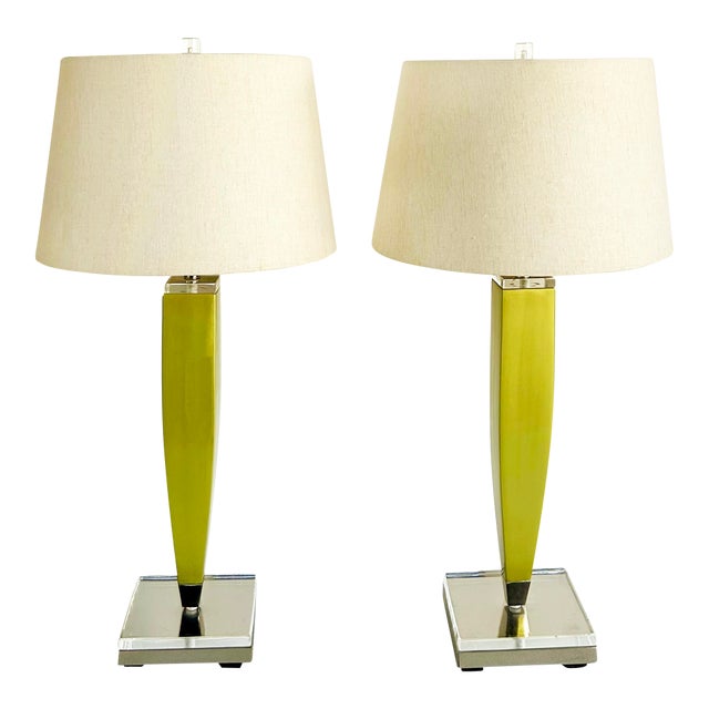 Late 20th Century Mid-Century Modern Lucite Table Lamps With Shades and Lucite Finials, a Pair For Sale