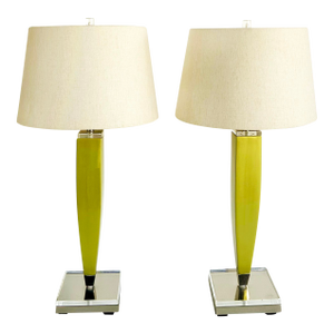 Late 20th Century Mid-Century Modern Lucite Table Lamps With Shades and Lucite Finials, a Pair