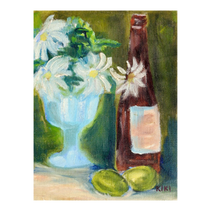 Contemporary Wine, Limes and Daisies in Turqouise Vase Still Life Painting