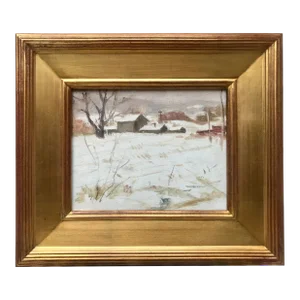 American Impressionist Oil Painting New England Winter Landscape by Harry Barton