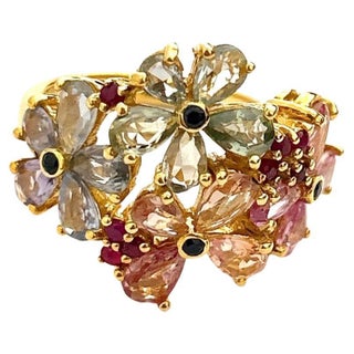 Bochic “Orient” Ruby & Multi Fancy Sapphire Cocktail Ring Set 18K & Silver, Size 5 For Sale