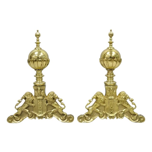 Mid 20th Century French Empire Renaissance Brass Lion Coat of Arms Cannonball Andirons - A Pair For Sale