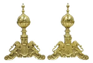 Mid 20th Century French Empire Renaissance Brass Lion Coat of Arms Cannonball Andirons - A Pair