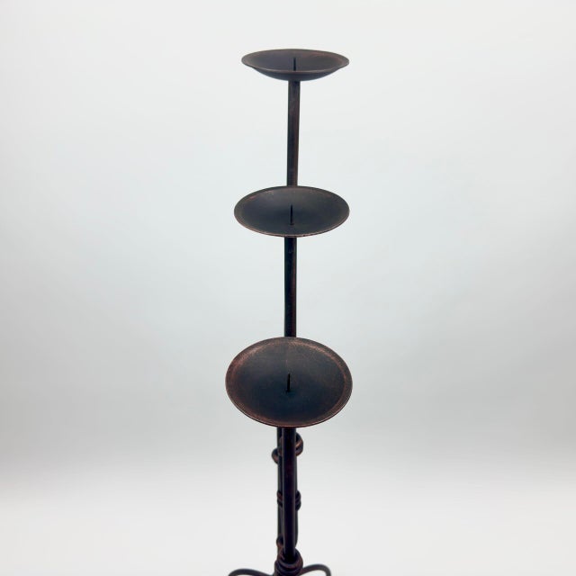Hand Forged Iron Candelabra Set of 3 (90-110cm) Antique Copper Finish Segmented Ring Node Floor Set For Sale - Image 4 of 6