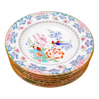 Mid 20th Century Minton England for Tiffany & Co. B894 Floral Bird Rimmed Soup Bowls- Set of 7 For Sale