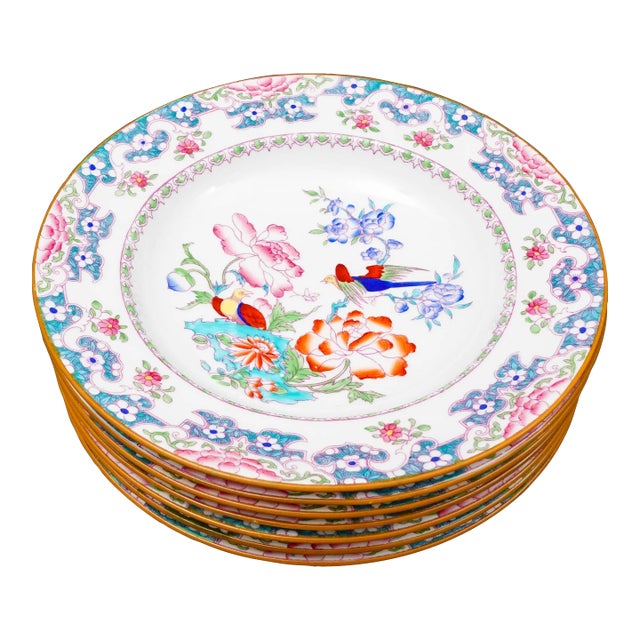 Mid 20th Century Minton England for Tiffany & Co. B894 Floral Bird Rimmed Soup Bowls- Set of 7 For Sale