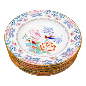 Mid 20th Century Minton England for Tiffany & Co. B894 Floral Bird Rimmed Soup Bowls- Set of 7