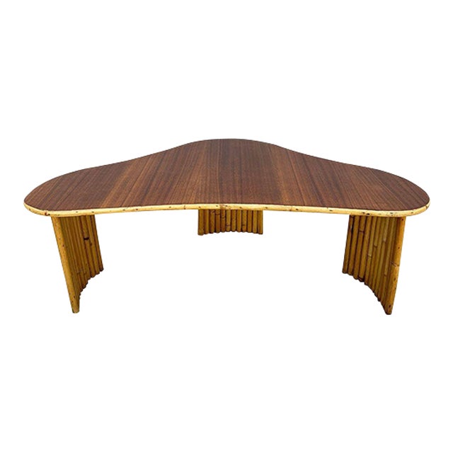 1950s Restored Biomorphic Mahogany Coffee Table W/ Stacked Rattan Legs For Sale