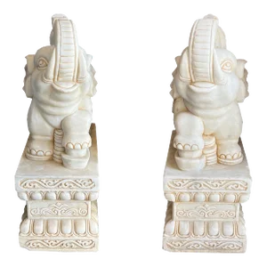 Chinese Pair White Marble Stone Fengshui Elephant Trunk Up Statues