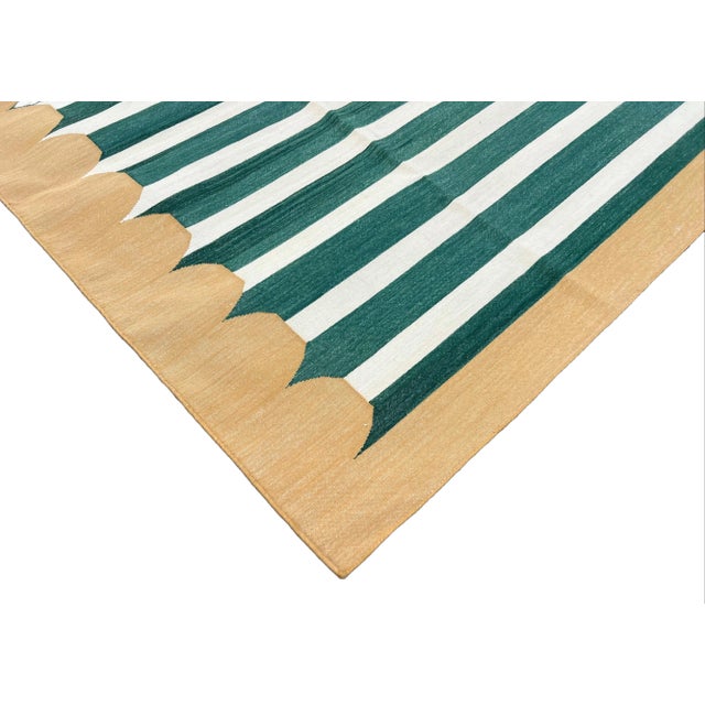 Not Yet Made - Made To Order Handmade Cotton Area Rug, Natural Vegetable Dyed, Green and White Striped Dhurrie With Mustard Border -4'x6' For Sale - Image 5 of 10