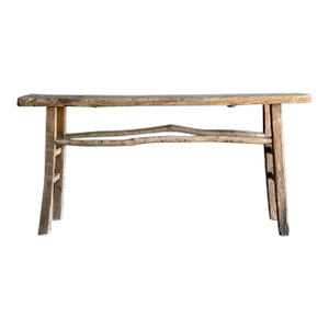 Vintage Elm Wood Console Table With Rustic Branch Stretchers