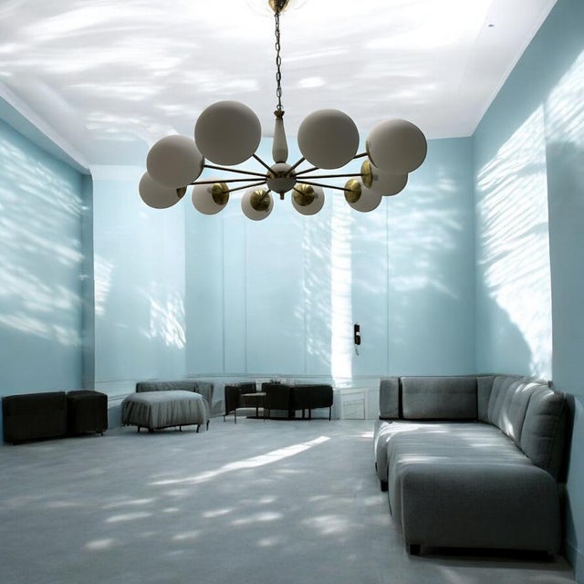 Gold Sputnik 10-Light Chandelier in Opaline Glass and Brass, 1960s For Sale - Image 8 of 13