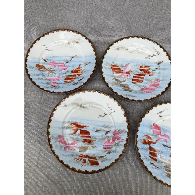 Ceramic Early 20th Century Antique Kutani Hand Painted Koi Plates, Signed- Set of 9 For Sale - Image 7 of 12