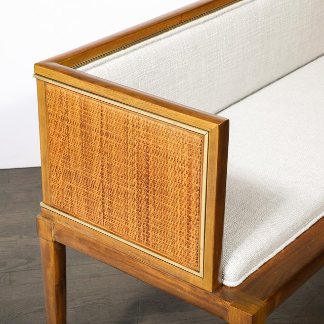 Mid-Century Brass Lined Walnut Settee W/ Cane Detailing & Holly Hunt Upholstery For Sale - Image 16 of 18