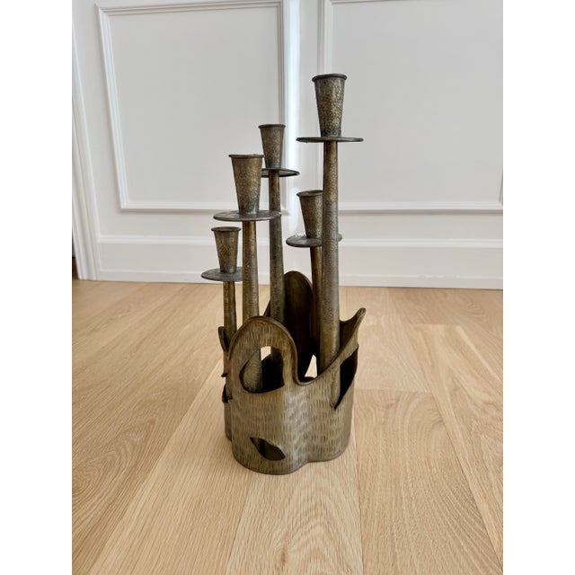 1970s Italian Brutalist Gilded Pewter 5-Arm Candelabra /Sculpture – Prof. Ceccherini For Sale - Image 4 of 12