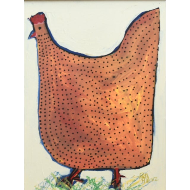 Abstract Folk Art Chicken Hen Painting by Ruth Arenz Including the Antiqued Gold Wood Frame For Sale - Image 3 of 5