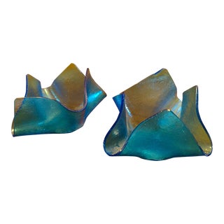 Vintage Mid Century Blue Iridescent Art Glass Handkerchief Candle Holder - A Pair For Sale