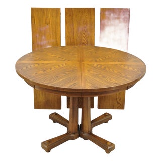Vintage Mid Century Modern Oak Sunburst Round Extension Pedestal Dining Table For Sale