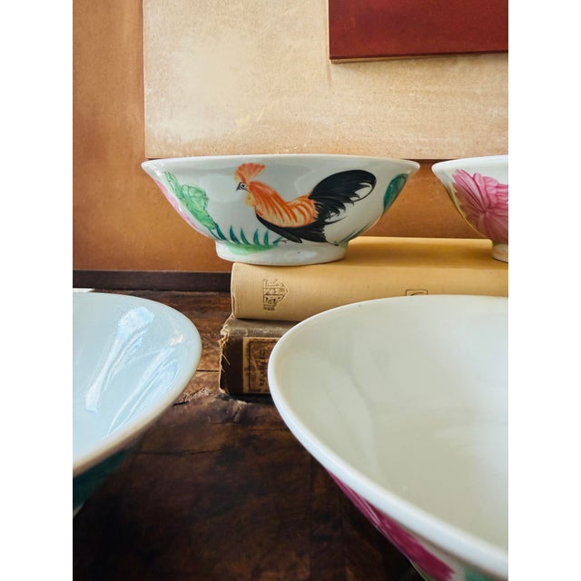 Mid 20th Century Vintage Chinese Hand-Painted Rooster Bowls - Set of 6 For Sale - Image 5 of 12