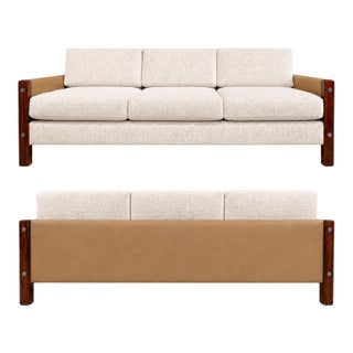 Sergio Rodrigues "Millor" Sofa in Rosewood, Leather & Textured Fabric, Brazil, 1960s For Sale