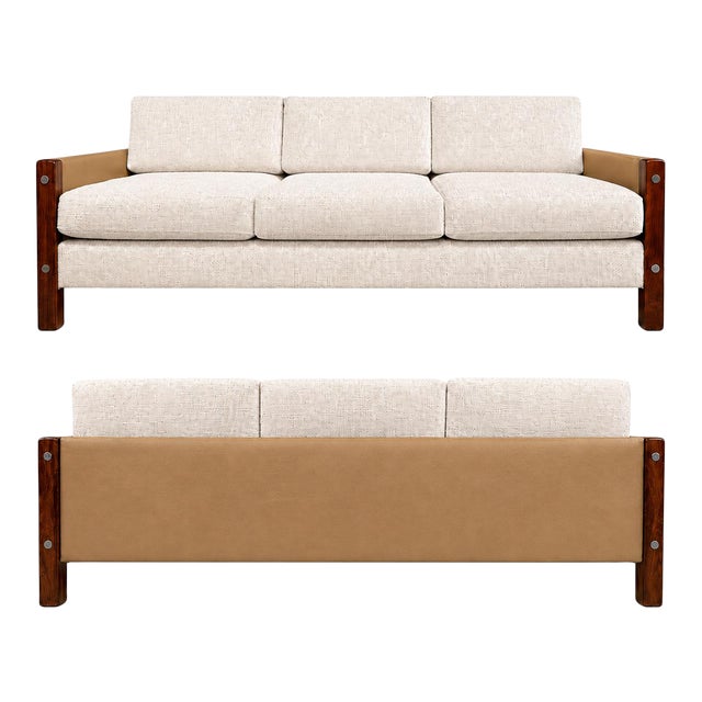 Sergio Rodrigues "Millor" Sofa in Rosewood, Leather & Textured Fabric, Brazil, 1960s For Sale