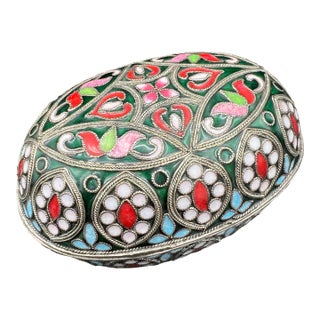 Antique Hand Fabricated Glass Enamel Cloisonné Oval Multicolored Box Gorgeous For Sale