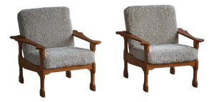 Danish Modern Lounge Chairs in Oak and Lambswool by Henning Kjærnulf, 1960s, Set of 2