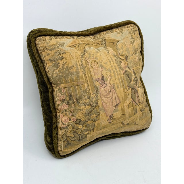 Textile Vintage Velvet Green Victorian Tapestry Pillow For Sale - Image 7 of 8
