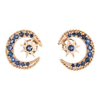 Vintage Sapphire Crescent Moon Star Earrings 14k Yellow Gold Celestial Jewelry, A Pair For Sale