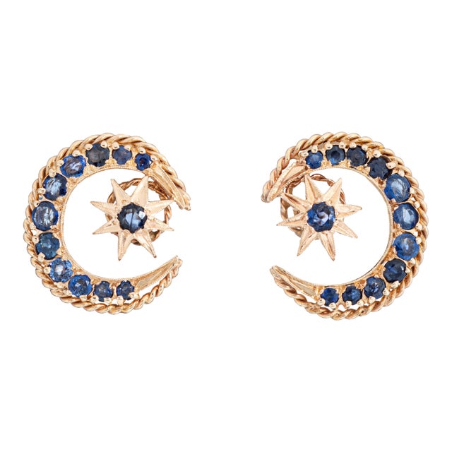 Vintage Sapphire Crescent Moon Star Earrings 14k Yellow Gold Celestial Jewelry, A Pair For Sale