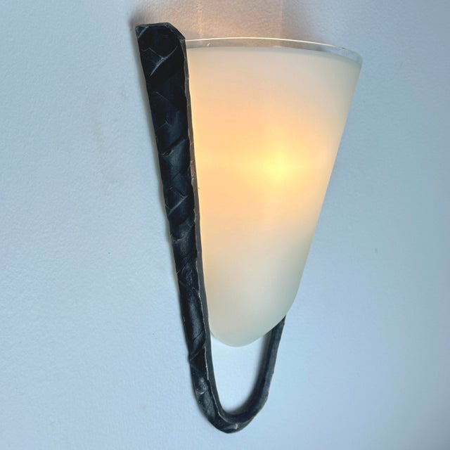 Light Green Postmodern Frosted Glass and Hammered Iron Wall Sconces For Sale - Image 8 of 13