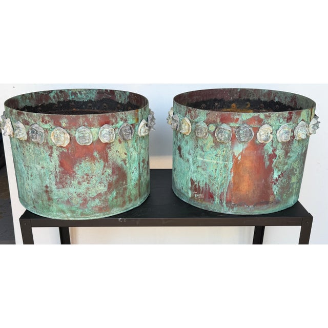 Pair of Gothic Revival Verdigris Copper Planters with Applied Medieval Heads, circa 1900 This extraordinary pair of Gothic...
