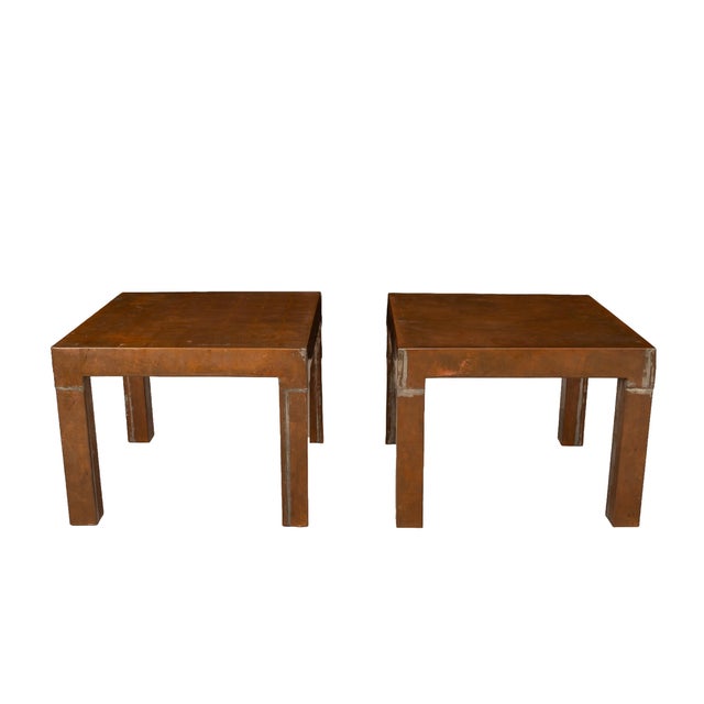 Mid-Century Modern 1970s Parsons Style Square Copper Cladded Low Side Accent Tables - A Pair For Sale - Image 3 of 11