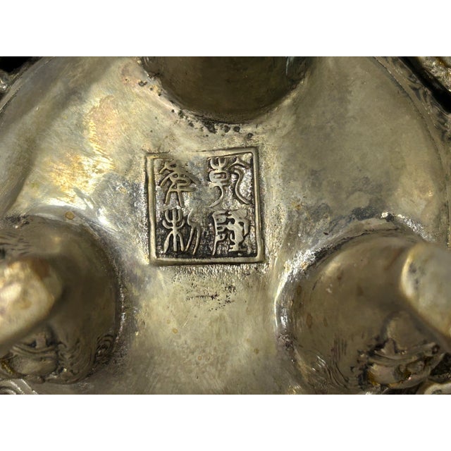 Vintage Bronze Color Metal Dragons Tri Legs Ding Incense Burner Art For Sale - Image 14 of 14