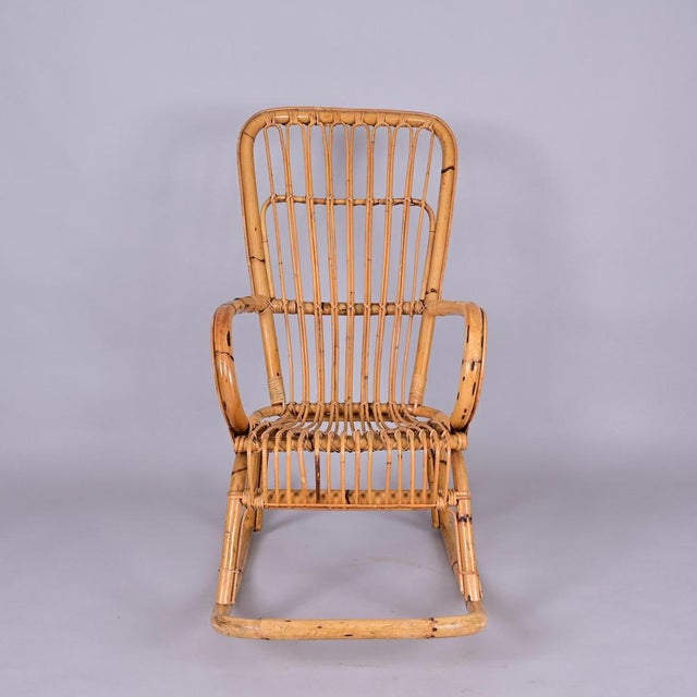Mid-Century Italian French Riviera Curved Rattan and Bamboo Rocking Chair, 1970s For Sale - Image 14 of 18