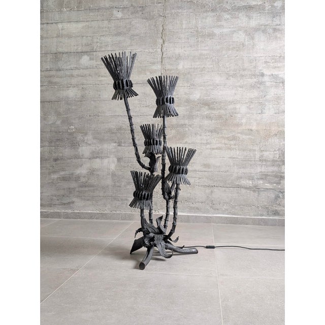 Brutalist Thistle-Shaped 5-Light Floor Lamp in Black Wrought Iron, 1970s For Sale - Image 16 of 16